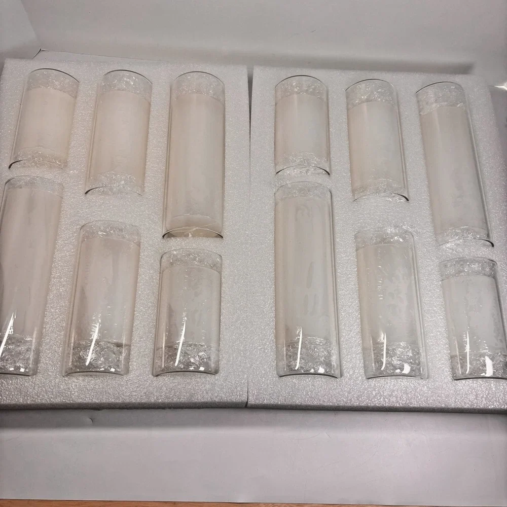 Set of 12 White Pillar Candles with Glass Cylinder Vases Clear Hurricane Glass